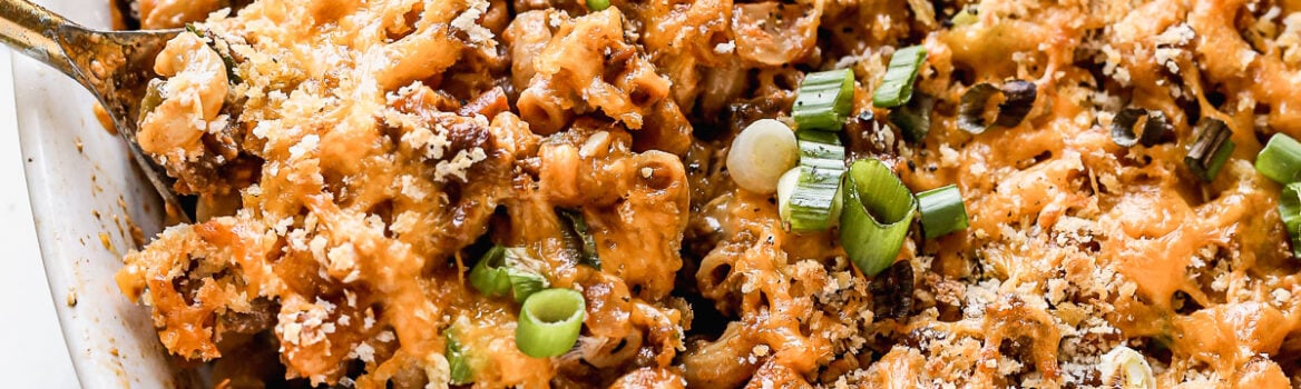 Cheesy hamburger casserole in a baking dish