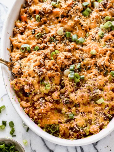 Cheesy hamburger casserole in a baking dish