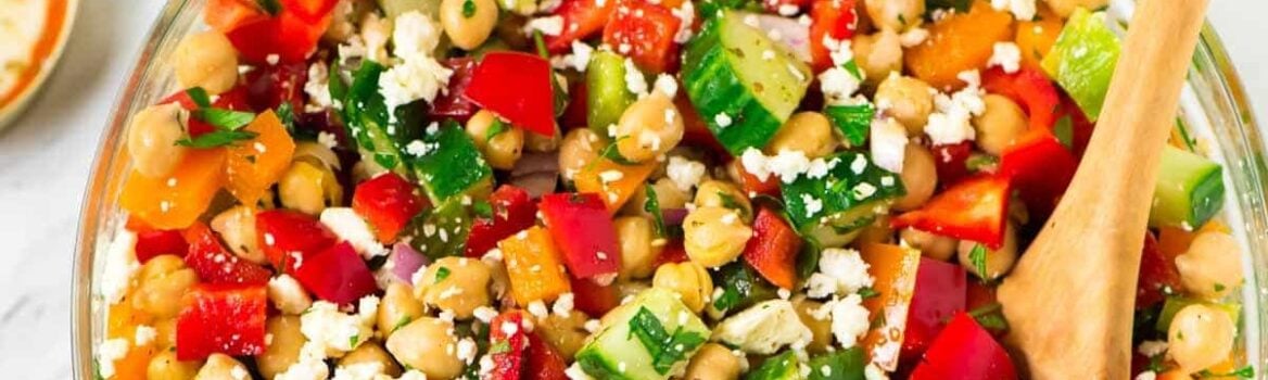 Healthy Mediterranean Chickpea Salad with feta, cucumber, bell peppers, and a simple Greek dressing. Fast, easy recipe that’s perfect for a summer barbecue side dish or a main dish salad for a light dinner. {vegetarian, gluten free, vegan friendly} Recipe at wellplated.com | @wellplated