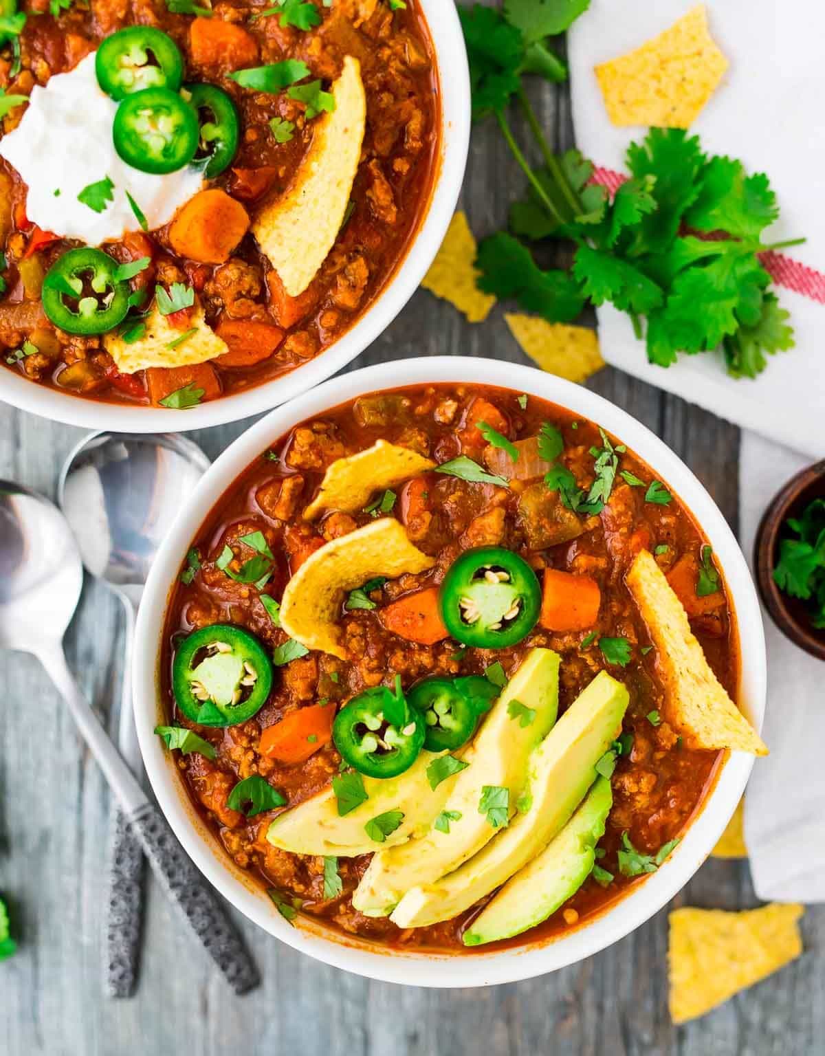 The best turkey chili recipe served in a white bowl