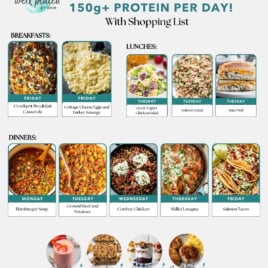 A free weekly high-protein meal plan chart featuring easy healthy meals for breakfast, lunch, and dinner. Includes casseroles, eggs, salads, salmon, soup, tacos photos plus a convenient shopping list at the bottom.