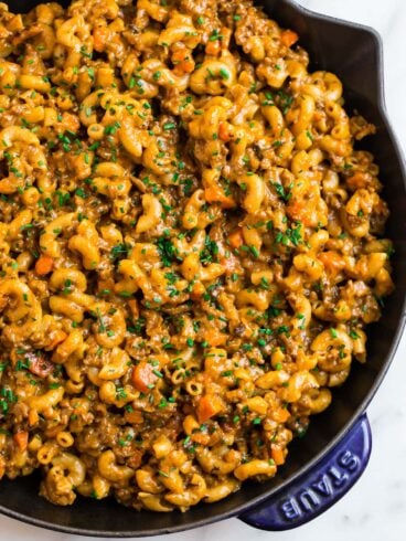 Homemade hamburger helper in a skillet