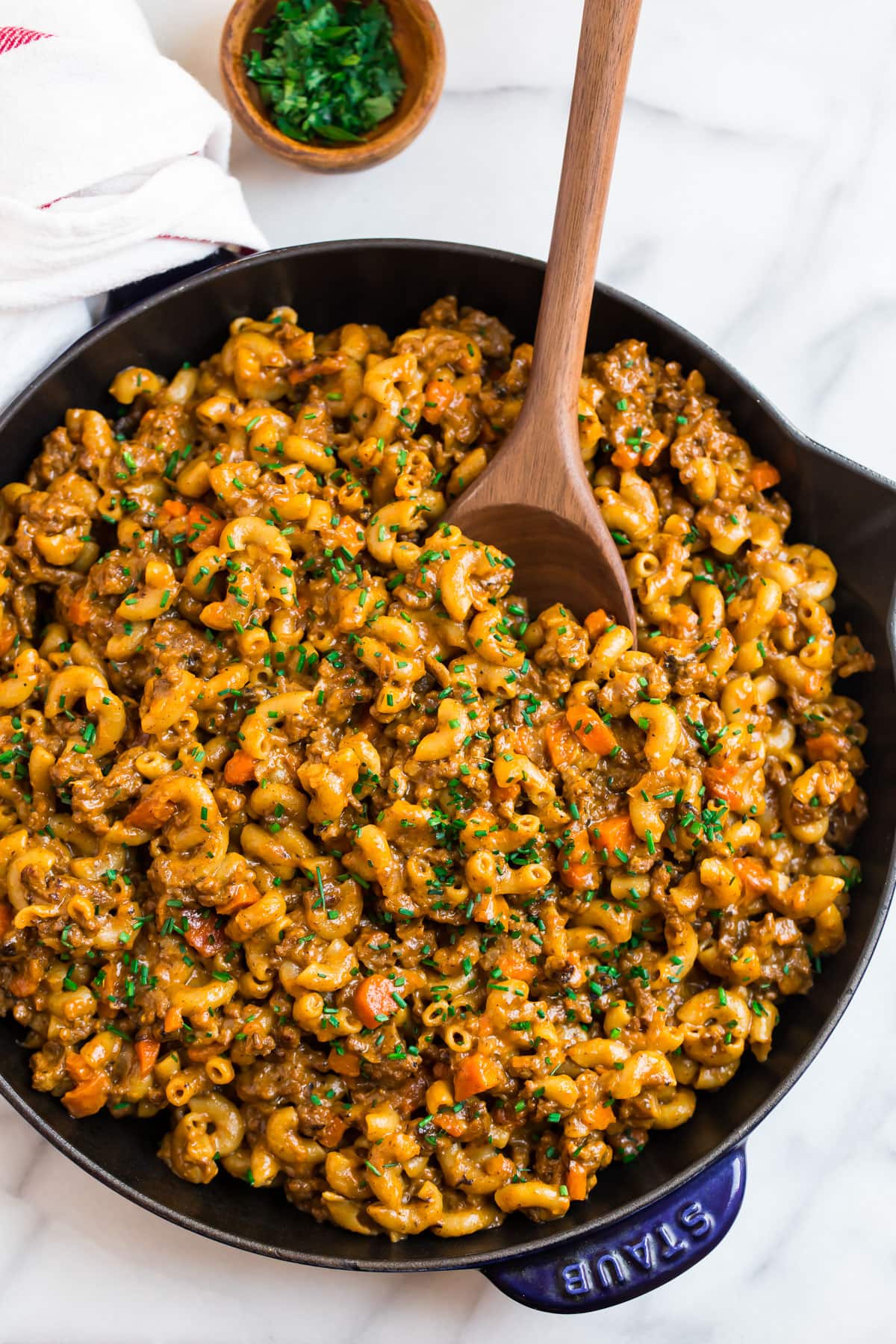 Healthy homemade hamburger helper in a skillet