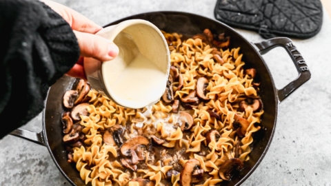 thick beef stroganoff in a pan