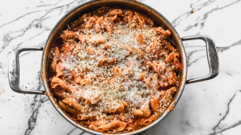 finished chicken parmesan pasta in skillet