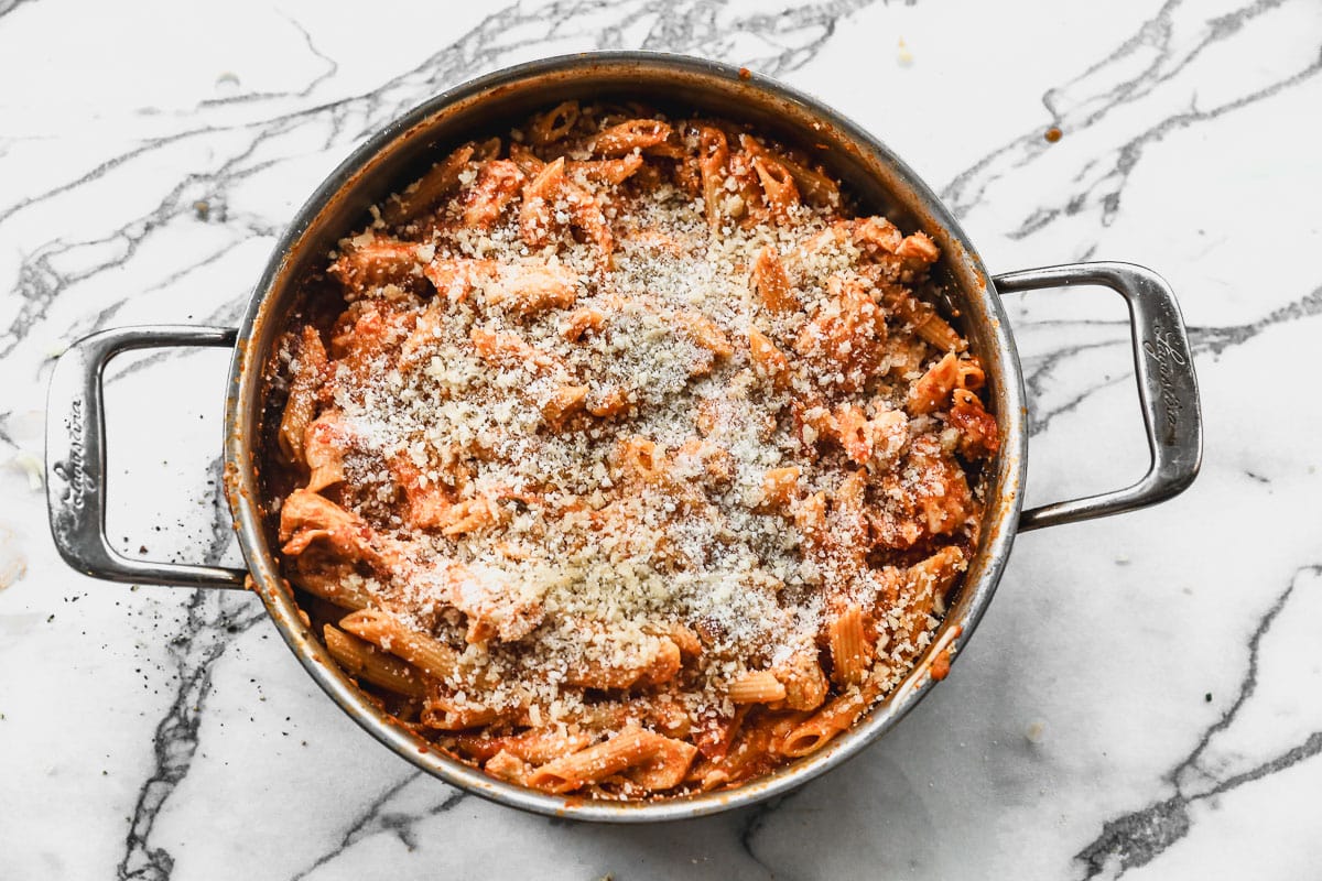 finished chicken parmesan pasta in skillet
