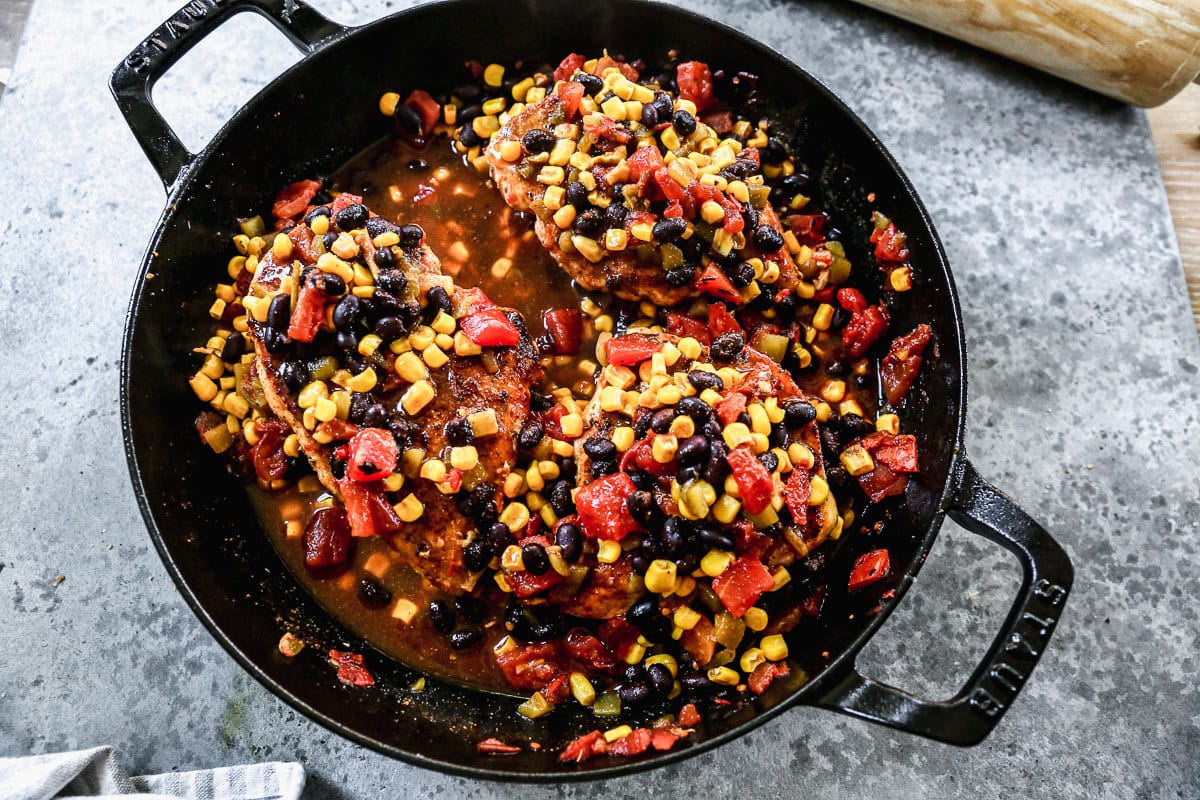 A Mexican one-pan meal in a cast iron skillet