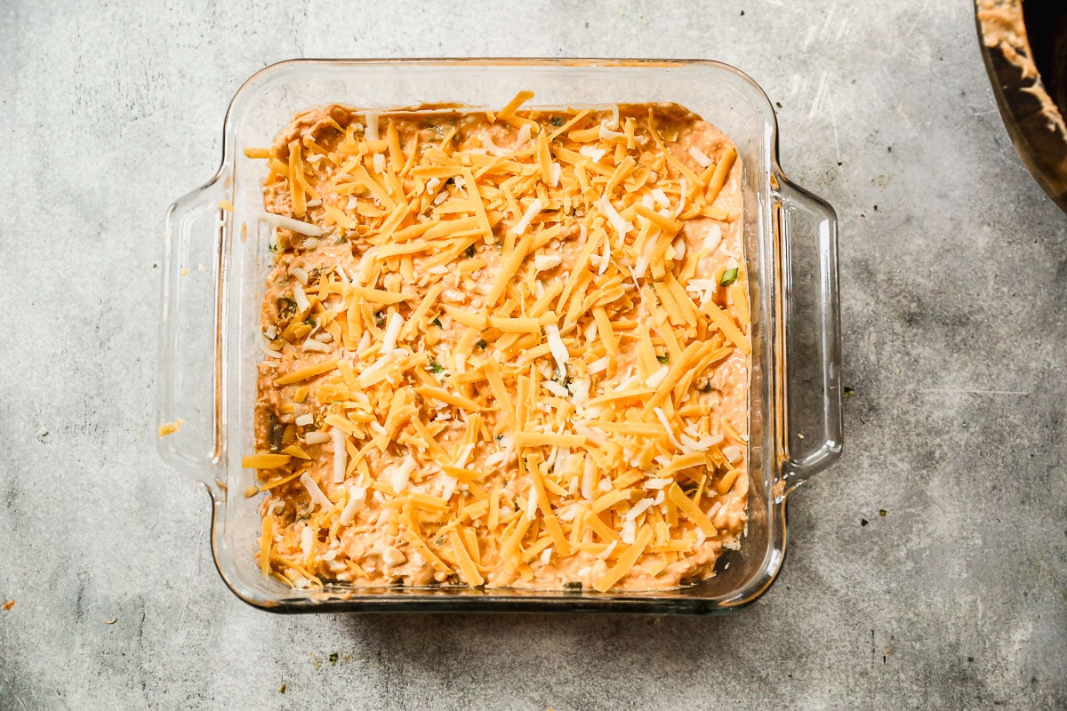 Overhead view of healthy Buffalo chicken dip before baking
