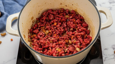 Hamburger helper ingredients in a pot