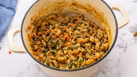 Homemade hamburger helper in a Dutch oven
