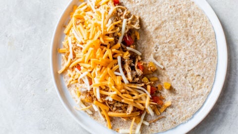 A tortilla with cheese, chicken, and vegetables on a plate