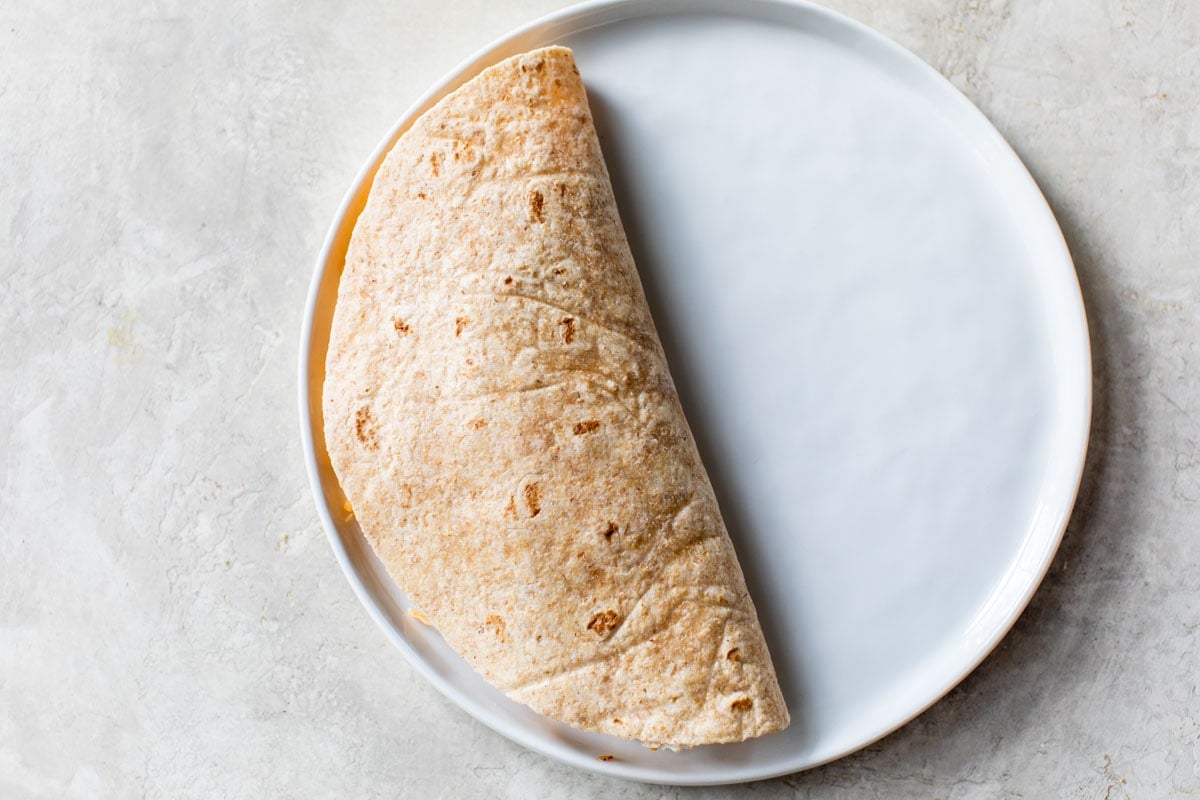 A tortilla folded in half on a plate