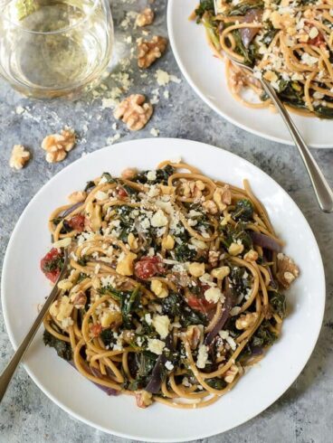 Kale Pasta with Walnuts and Parmesan. A quick and healthy one-pan dinner!