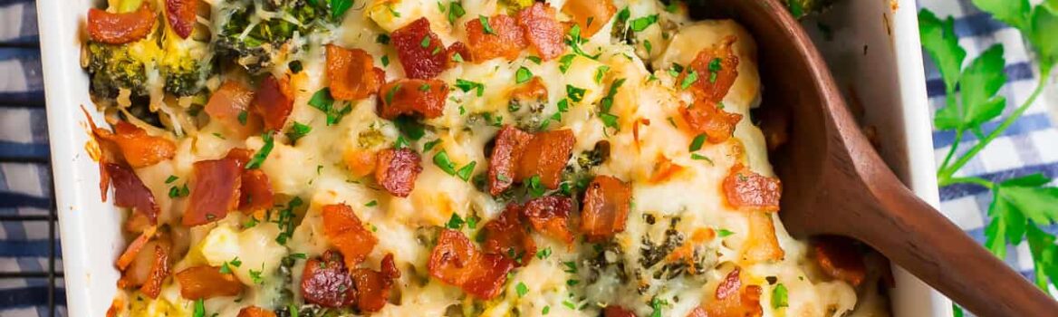 A dish with cheesy Chicken Bacon Ranch Casserole with rice and broccoli, made healthy ingredients
