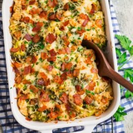 A dish with cheesy Chicken Bacon Ranch Casserole with rice and broccoli, made healthy ingredients