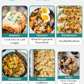 A free weekly low-carb meal plan featuring photos of six budget-friendly dishes: Crock Pot Low Carb Lasagna, Whole30 Vegetarian Power Bowls, Zucchini Pizza Boats, Cabbage Stir Fry, Cauliflower Mac and Cheese, and Cherry Chocolate Chip Cookies.