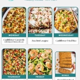 Enjoy a free weekly meal plan perfect for families, featuring six delicious dishes: cauliflower casserole, zucchini lasagna, cauliflower fried rice, sheet pan chicken with vegetables, shrimp scampi with zucchini noodles, plus bonus almond flour bread.