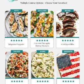 A budget-friendly weekly meal plan menu for families featuring images of jalapeno poppers, coconut pineapple shrimp skewers, crockpot ribs, Italian pasta salad, healthy potato salad, and a flag cake decorated with berries and whipped cream.