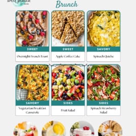 Budget-friendly Mother’s Day brunch menu with images of overnight French toast, apple coffee cake, spinach quiche, vegetarian breakfast casserole, fruit salad, and spinach strawberry salad, plus drinks and desserts at the bottom.