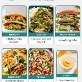 A six-day weekly meal plan featuring easy healthy meals like chickpea salad sandwich, beef and broccoli, avocado egg salad, crockpot chicken tacos, chickpea tuna salad, plus a bonus peach smoothie. Enjoy bright photos and budget-friendly options.
