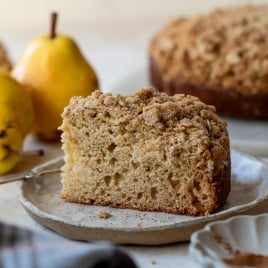 Slice of pear cake on plate