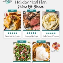 A festive, budget-friendly meal plan with photos of baked brie en croute, standing rib roast, garlic mashed potatoes, winter salad, gluten-free apple crisp, and a cocktail—all in “Holiday Meal Plan: Prime Rib Dinner.”.