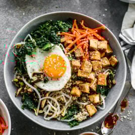 Vegetarian Bibimbap with Crispy Tofu and Quinoa with bibimbap sauce