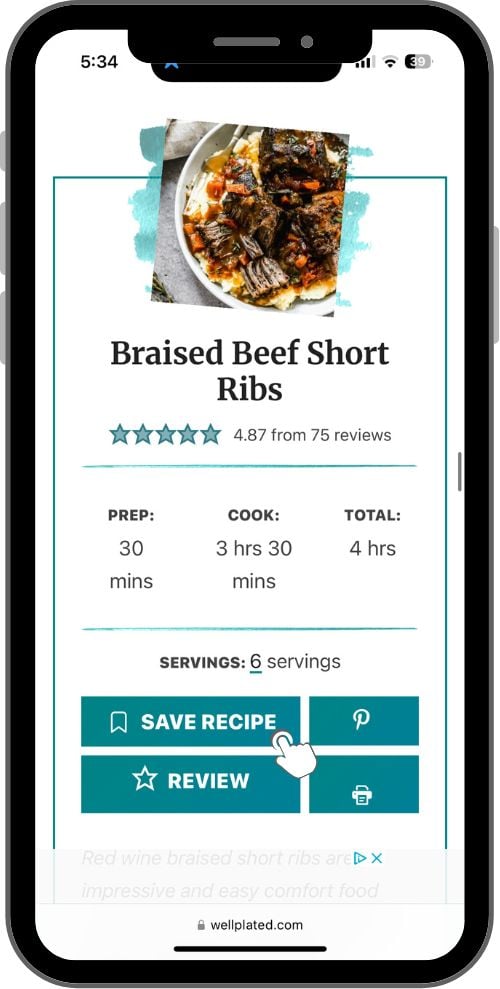 image of a mobile phone with a save recipe button