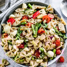 A bowl of chicken pasta salad