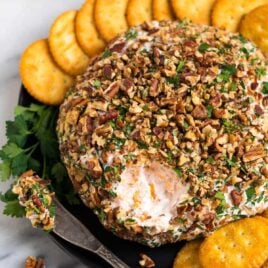 A sweet and savory Cream Cheese Ball with Cheddar, Strawberry Preserves, and Pecans. This easy twist on a classic cheese ball recipe is the BEST cheese ball you’ll ever taste! A perfect appetizer for Thanksgiving, Christmas, and football games.