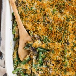 Healthy green bean casserole in a baking dish