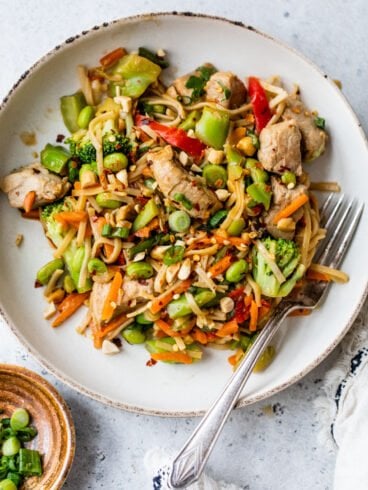 Healthy Pork Stir Fry with Peanut Noodles and vegetables on a plate