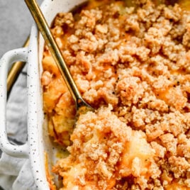 A baking dish with pineapple casserole