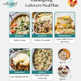 A free Thanksgiving leftovers meal plan chart for families, featuring photos of dishes for each weekday: turkey soup, turkey tetrazzini, apple grilled cheese with turkey, shepherd’s pie, ham and potato casserole, plus bowls of sides.