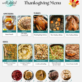 Thanksgiving meal plan for families with images of appetizers, turkey dishes, and sides—rum punch, pineapple cheese ball, turkey with herb crust, green bean casserole, mashed potatoes, stuffing, brussels sprouts salad, and sweet potato soufflé.