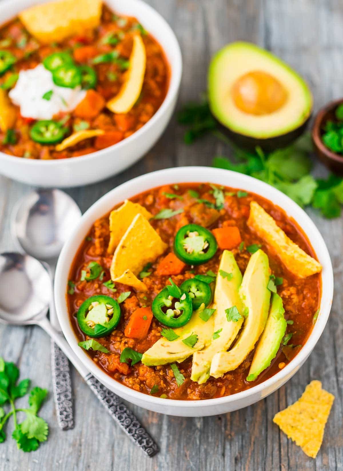 Easy turkey chili served in a white bowl