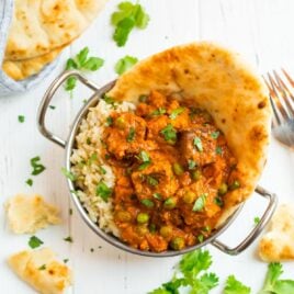 Creamy Tandoori Tofu Tikka Masala on rice with naan bread