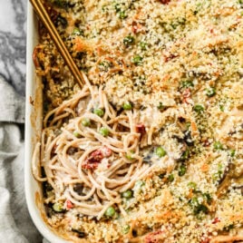 Turkey tetrazzini in a baking dish