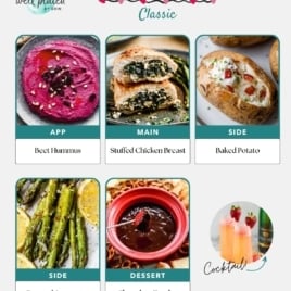 Valentine’s Day meal plan featuring easy healthy meals: beet hummus, stuffed chicken breast, baked potato, roasted asparagus, chocolate fondue, and strawberry cocktails—each labeled by course for a delicious yet budget-friendly celebration.