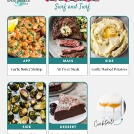Valentine’s Day meal plan with images: garlic butter shrimp appetizer, air fryer steak main, garlic mashed potatoes and roasted Brussels sprouts sides, flourless chocolate torte dessert, and cocktails in coupe glasses for an easy healthy meal.