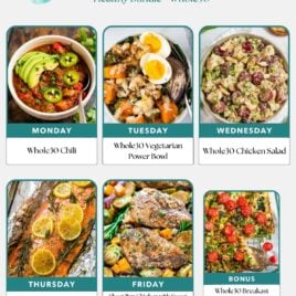A free weekly meal plan features easy healthy meals like chili with avocado, a vegetarian power bowl with eggs, chicken salad, baked salmon with asparagus, pan chicken with sweet potatoes, and a casserole with tomatoes and herbs.