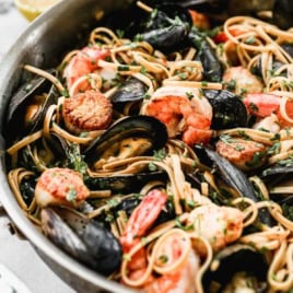Seafood pasta in skillet