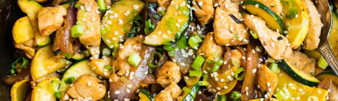 Easy zucchini chicken stir fry in a skillet