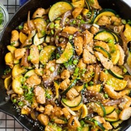 Easy zucchini chicken stir fry in a skillet