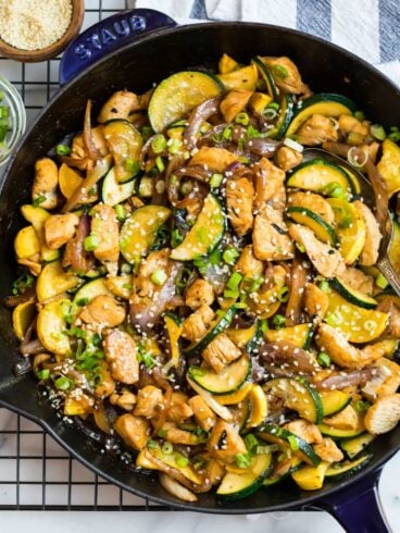 Easy zucchini chicken stir fry in a skillet